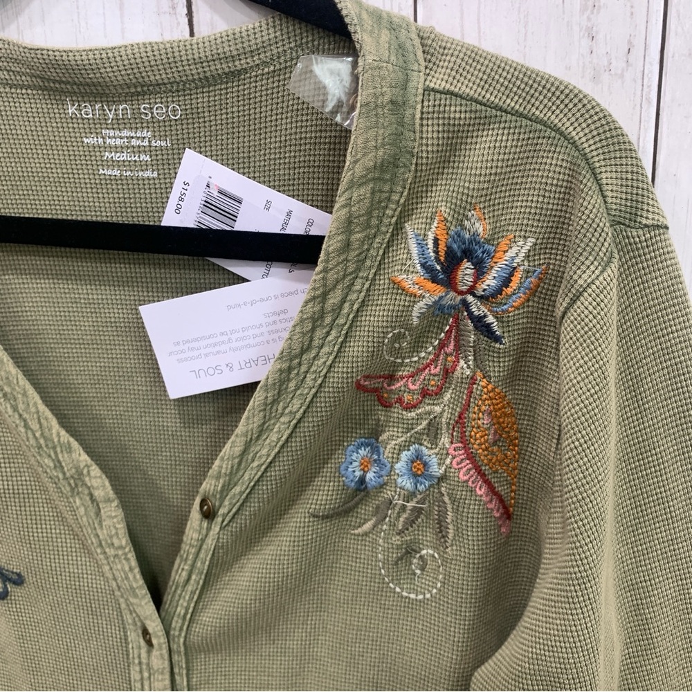 New Karyn Seo M Knit Tove Thermal Jacket Boho Embroidery Cardigan 100% Cotton - Picture 4 of 16